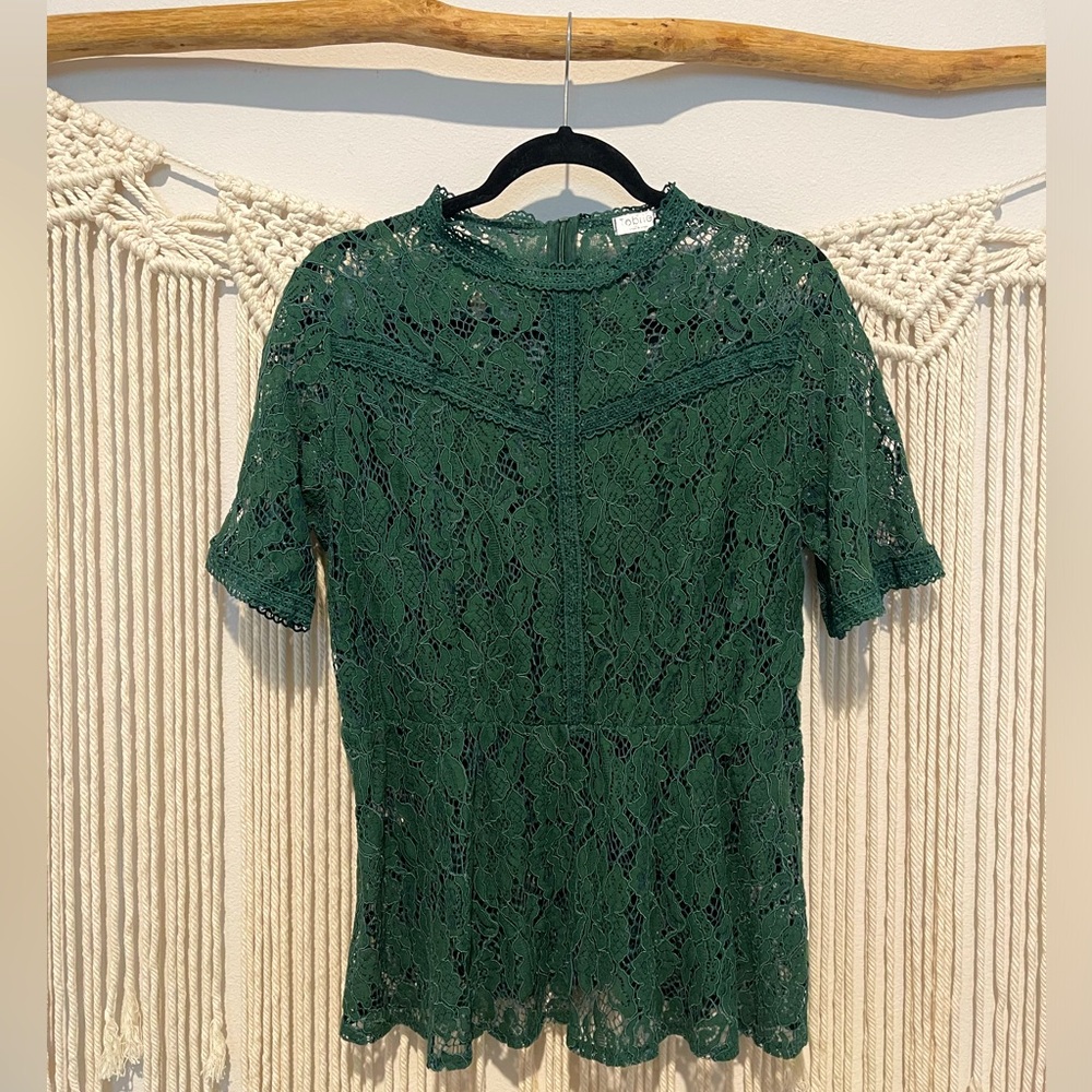 Old Money Emerald Green Dressy See-Through Lace Blouse Office Chic Modest Sz XL
